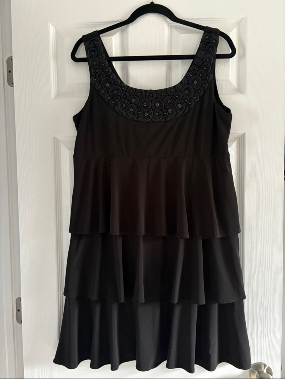 Tiana Tiered Black Mini Dress with Embellished Scoop Neck